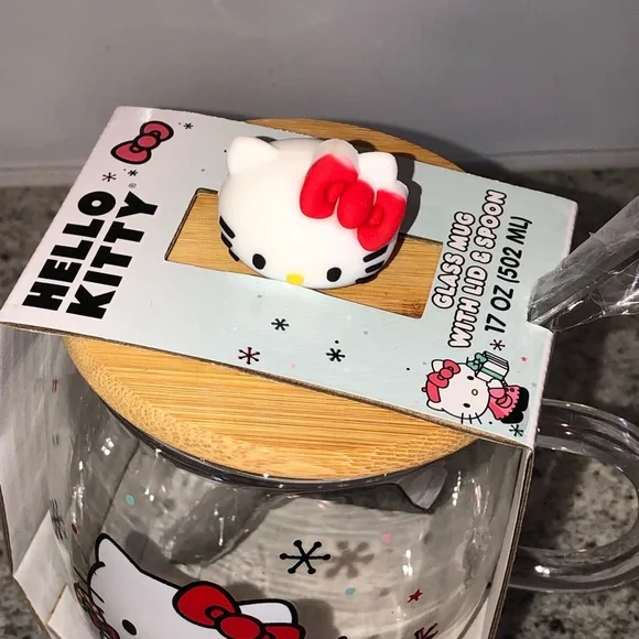 ✨NWT✨ LAST ONE‼️ Ltd Edition Hello Kitty Glass Mug W/ Wood Lid & Spoon Christmas - Picture 2 of 5
